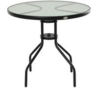 Outsunny Mesa de Jardín Redonda Mesa Comedor de Cristal Templado con Agujero para Sombrilla y Estructura Metálica para Patio Terraza Balcón Exterior Ø80x72 cm Negro