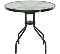Outsunny Mesa de Jardín Redonda Mesa Comedor de Cristal Templado con Agujero para Sombrilla y Estructura Metálica Ø80x72 cm Negro Aosom España