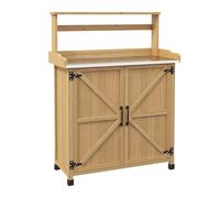 Outsunny - Mesa de jardinería estilo rústico con armario y estantes y bandeja galvanizada, patines antideslizantes de madera de abeto pre-engrasado dim. 90,5 x 41 x 124,5 cm, color amarillo