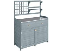 Outsunny Mesa de plantación con armario inferior exterior Armario de jardín de madera con superficie galvanizada 2 cajones 104x44x140 cm Gris claro