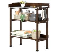 Outsunny Mesa de Plantación de Madera de 3 Niveles, Mesa de Jardinería con Placa Metálica, 2 Estantes y Ganchos, Resistente a la Intemperie, para Jardín, Terraza, Balcón, 76x37x89 cm, Carbonizado