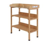 Outsunny mesa de plantación de madera de 3 niveles, mesa de jardinería con placa metálica, 2 estantes y ganchos, resistente a la intemperie, para jardín, terraza, balcón, 76x37x89 cm, natural 76 cm