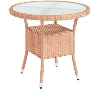 Outsunny Mesa de Ratán Redonda Ø80x75 cm Mesa de Jardín con Estante Tablero de Vidrio y Marco de Acero Carga 50 kg para Terraza Patio Natural