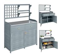 Outsunny Mesa Plantadora con Armario de Madera - Armario de Jardín con Encimera Galvanizada, 2 Cajones, Resistente A La Agua, Para Jardín, Balcón, Terraza, 104x44x140 cm, Gris Claro