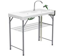Outsunny Mesa Plegable para Camping con 2 Fregaderos Manguera de Drenaje Estación de Limpieza y Grifo Blanco
