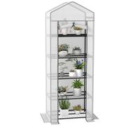 Outsunny Mini Invernadero portátil de 5 Niveles, con Cubierta de Polietileno Reforzada, casa de Cultivo de jardín con Puerta Enrollable y estantes, 69 x 49 x 193 cm, Color Blanco y Gris