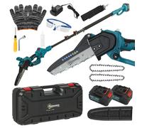 Outsunny Mini motosierra a batería de 8 pulgadas 6000mAh con filo sin roscas para ramas y jardín, con 2 baterías, barra telescópica y bloqueo de seguridad azul