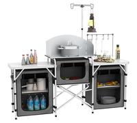 Outsunny Mueble Cocina Camping Armario Camping Plegable con Mesas Armarios Ganchos Estructura de Aluminio Poste de Luz Ajustable Paravientos y Bolsa de Transporte para Acampada 172x48x130 cm Gris