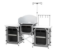 Outsunny mueble cocina camping armario camping plegable con mesas armarios ganchos estructura de aluminio poste de luz ajustable paravientos y bolsa de transporte para acampada 172x48x130 cm gris
