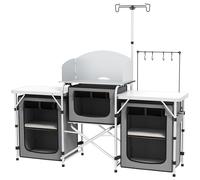 Outsunny Mueble de Cocina para Camping Plegable con 3 Mesas 4 Ganchos Poste de Luz y Bolsa de Transporte 172x48x119 cm Gris Aosom España