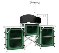 Outsunny Mueble de Cocina para Camping Plegable con 3 Mesas 4 Ganchos Poste de Luz y Bolsa de Transporte 172x48x130 cm Verde