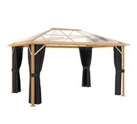 Outsunny Pabellón de jardín aprox. 4x3 m, pabellón de aluminio con techo de policarbonato de 6 mm, mosquitera, 4 paneles laterales, efecto madera, madera natural Aosom España