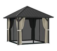 Outsunny Pabellón de techo rígido 3 x 3 m, pabellón de jardín con techo metálico, tienda de jardín impermeable con mosquitera y paredes laterales, Gris oscuro