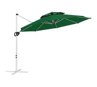 Outsunny Parasol Excéntrico Ø292 cm con Manivela Giro 360° Inclinación Ajustable Doble Techo y Base Cruzada Verde Oscuro