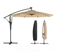 Outsunny Parasol Excéntrico con Luces LED Solares, Ø330 cm, Sombrilla de Jardín con Base Cruzada, Manivela, Funda Protectora y Cuerda de Viento, Anti-UV 50+, para Terraza, Patio, Caqui