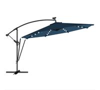 Outsunny Parasol Excéntrico con Luces LED Solares Ø345 cm Sombrilla Jardín de Aluminio con Base Cruzada Manivela Funda Azul