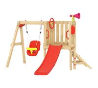Outsunny Parque Infantil Exterior de Madera con Columpio Tobogán Volante Bocina Teléfono para Patio Césped Rojo y Natural