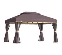 Outsunny Pérgola de Aluminio 4x3 m con Techo de Ventilación 4 Cortinas Laterales y 4 Mosquiteras 8 Orificios de Drenaje Café Aosom España