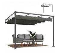 Outsunny pérgola de pared de jardín 3x3 m, cenador de jardín con techo retráctil, protección upf30+, orificios de drenaje y estructura de acero, pabellón para patio, terraza, exterior, gris oscuro