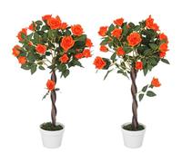 Outsunny Planta Artificial Camelia 21 Flores con Jarrón de Hormigón y Musgo, Planta Artificial de Plástico y Tela, Ø18x90 cm, Naranja