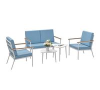 Outsunny - Salón de jardín al aire libre, 4 personas, salón de balcón de 5 piezas con sofá, 2 sillones y 2 mesas bajas de vidrio templado, cojines incluidos, muebles de jardín, patio terraza, azul