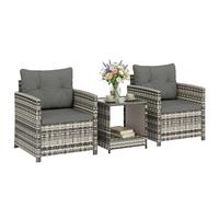 Outsunny - Salón de jardín al aire libre de 3 piezas de resina trenzada, mesa de jardín con almacenamiento, 2 sillones con cojines lavables, muebles de jardín para balcón terraza o patio, gris claro