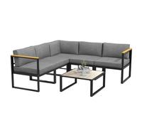 Outsunny Salón de jardín con sofá y mesa, juego de 6 piezas de aluminio con cojines acolchados, mesa con tapa efecto madera, color gris, muebles de exterior