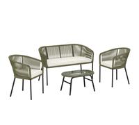 Outsunny Salón de Jardín Exterior 4 Plazas Sofá 2 Plazas 2 Sillones y Mesa Baja Vidrio Templado PP Redondo Trenzado Crema