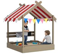 Outsunny Sand Pit - Arena de madera para niños, para exteriores, jardines con toldo, forro, pizarra, fregadero, asientos, banderas, para edades de 3 a 7 años, color gris