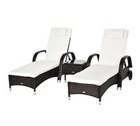 Outsunny Set de 2 Tumbonas + 1 Mesa de Ratan para Jardín o Terraza Sillas con Cojín y Respaldo Ajustable a 5 Niveles Marrón