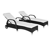 Outsunny Set de 2 Tumbonas Chaise Longue + 1 Mesa de Ratan para Jardín o Terraza Sillas con Cojín y Respaldo Ajustable a 5 Niveles (Negro)