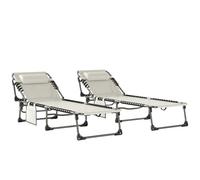 Outsunny Set de 2 Tumbonas Jardín Exterior Plegables Reposacabezas Crema | Bolsillo Lateral, Respaldo Reclinable 5 Posiciones, Asiento de Malla Transpirable, Playa, Piscina