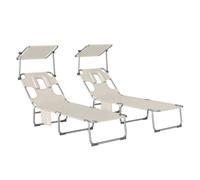 Outsunny Set de 2 Tumbonas Jardín Exterior, Tumbonas Plegables con Reposacabezas, Dosel 360°, Orificio Facial, Bolsillo Lateral, Respaldo Reclinable 5 Posiciones y Textilene 550 g/m² para Playa, Beige