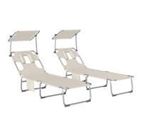 Outsunny Set de 2 Tumbonas Jardín Exterior, Tumbonas Plegables con Reposacabezas, Dosel 360°, Orificio Facial, Bolsillo Lateral, Respaldo Reclinable 5 Posiciones y Textilene 550 g/m² para Playa, Beige