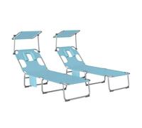 Outsunny set de 2 tumbonas jardín exterior, tumbonas plegables con reposacabezas, dosel 360°, orificio facial, bolsillo lateral, respaldo reclinable 5 posiciones y textilene 550 g/m² para playa, azul