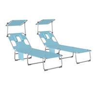 Outsunny Set de 2 Tumbonas Jardín Exterior, Tumbonas Plegables con Reposacabezas, Dosel 360°, Orificio Facial, Bolsillo Lateral, Respaldo Reclinable 5 Posiciones y Textilene 550 g/m² para Playa, Azul