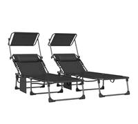 Outsunny Set de 2 Tumbonas Jardín Exterior, Tumbonas Plegables con Reposacabezas, Parasol y Bolsillo Lateral, Respaldo Reclinable 5 Posiciones y Asiento Malla Transpirable para Playa, Piscina, Negro
