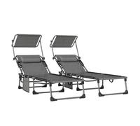 Outsunny Set de 2 Tumbonas Jardín Exterior, Tumbonas Plegables con Reposacabezas, Parasol y Bolsillo Lateral, Respaldo Reclinable 5 Posiciones y Asiento Malla Transpirable para Playa, Piscina, Gris