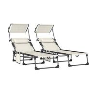 Outsunny Set de 2 Tumbonas Jardín Exterior, Tumbonas Plegables con Reposacabezas, Parasol y Bolsillo Lateral, Respaldo Reclinable 5 Posiciones y Asiento Malla Transpirable para Playa, Piscina, Crema