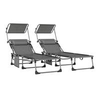 Outsunny Set de 2 Tumbonas Jardín Exterior, Tumbonas Plegables con Reposacabezas, Parasol y Bolsillo Lateral, Respaldo Reclinable 5 Posiciones y Asiento Malla Transpirable para Playa, Piscina, Gris