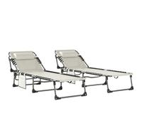 Outsunny Set de 2 Tumbonas Jardín Exterior, Tumbonas Plegables con Reposacabezas y Bolsillo Lateral, Respaldo Reclinable 5 Posiciones y Asiento de Malla Transpirable para Playa, Piscina, Blanco Crema