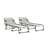 Outsunny Set de 2 Tumbonas Jardín Exterior, Tumbonas Plegables con Reposacabezas y Bolsillo Lateral, Respaldo Reclinable 5 Posiciones y Asiento de Malla Transpirable para Playa, Piscina, Blanco Crema