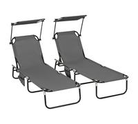 Outsunny Set de 2 tumbonas plegables con parasol y respaldo regulable en 5 posiciones Gris oscuro Aosom España