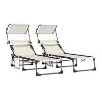 Outsunny Set de 2 Tumbonas Plegables con Reposacabezas Parasol Bolsillo Lateral y Respaldo Reclinable en 5 Posiciones Crema Aosom España