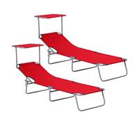 Outsunny set de 2 tumbonas plegables tumbonas de jardín exterior reclinables con toldo desmontable con ángulo regulable respaldo ajustable en 4 niveles para terraza piscina patio 187x58x36 cm rojo