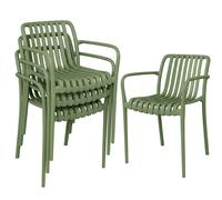 Outsunny Set de 4 Sillas de Patio Apilables, Sillas de Comedor para Exterior con Respaldo Curvo, Asiento de Lamas y Brazos