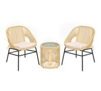 Outsunny Set de Bistró de 3 Piezas en Rattán y Acero con 2 Sillas, Mesa Redonda con Sobre de Vidrio Templado, Beige