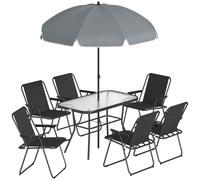 Outsunny Set de Comedor para Jardín 8 Piezas con Sombrilla, Conjunto de Muebles de Jardín con 6 Sillas Plegables, Mesa de Vidrio Templado y Parasól para Patio, Negro