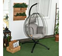 Outsunny Silla Colgante Huevo con Soporte Cesta Plegable Carga 120 kg Gris | Columpio de Jardín Exterior, Reposacabezas, Cojín, Bolsillo Lateral, Columpio Colgante, para Interior y Exterior