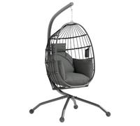 Outsunny Silla Colgante Huevo con Soporte Cesta Plegable 120 kg Negro | Columpio Jardín Exterior, Cojín y Reposacabezas, Portavaso, Columpio Colgante, para Interior y Exterior